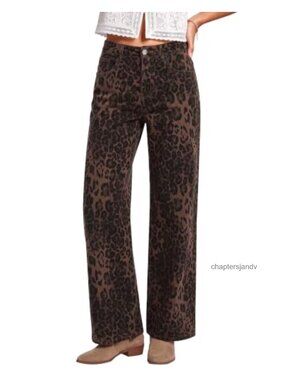High Waisted Wide Leg Stretch Denim Jeans Leopard Print Full Length